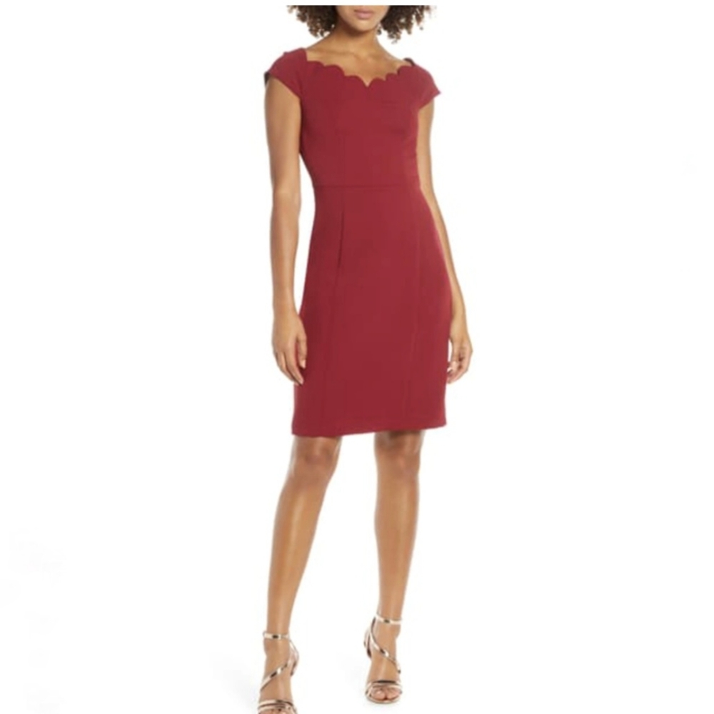 Scallop Neck Cap-Sleeve Sheath Dress - Wine